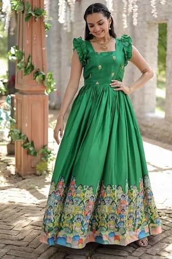 Green zari & sequins embroidered dola silk Gown