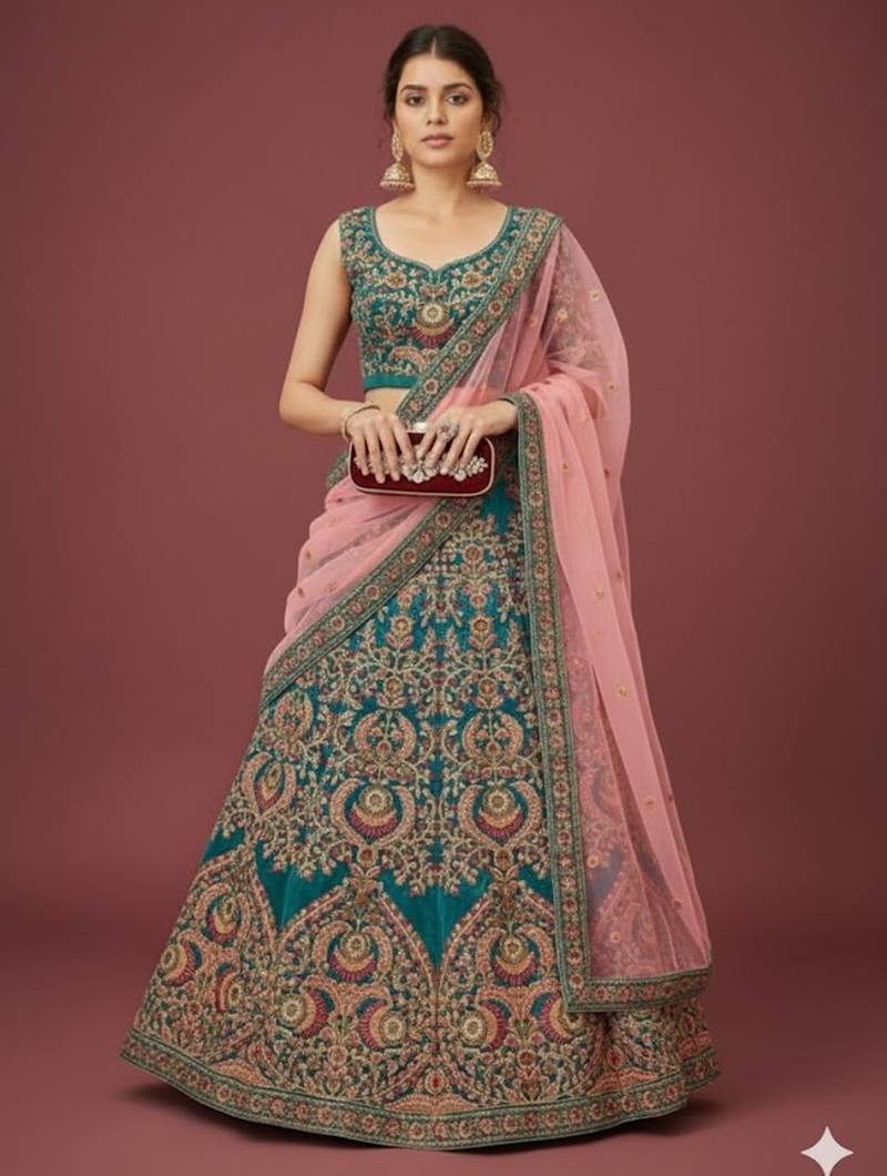 Alluring Teal Blue Thread Zari Dori And Sequins Embroidered Velvet Bridal Wear Lehenga Choli For Women