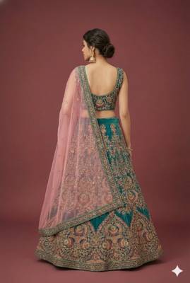 Alluring Teal Blue Thread Zari Dori And Sequins Embroidered Velvet Bridal Wear Lehenga Choli For Women 6