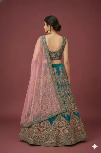 Alluring Teal Blue Thread Zari Dori And Sequins Embroidered Velvet Bridal Wear Lehenga Choli For Women
