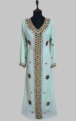 Sea Green Golden multicolor stone and  Beads Moroccan Kaftan With hijab  1