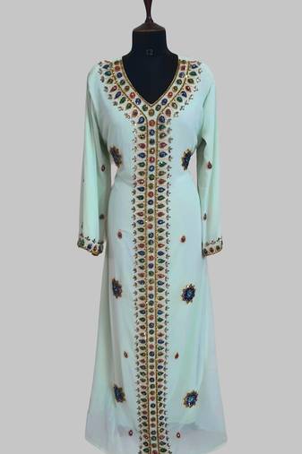 Sea Green Golden multicolor stone and  Beads Moroccan Kaftan With hijab 