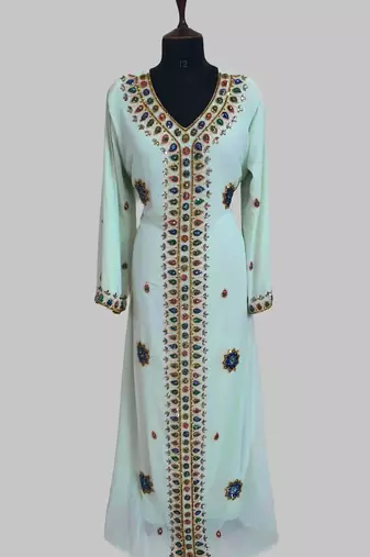 Sea Green Golden multicolor stone and  Beads Moroccan Kaftan With hijab 