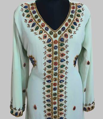Sea Green Golden multicolor stone and  Beads Moroccan Kaftan With hijab  2