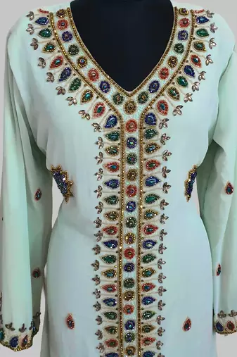 Sea Green Golden multicolor stone and  Beads Moroccan Kaftan With hijab 