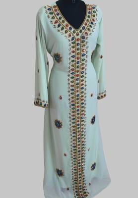 Sea Green Golden multicolor stone and  Beads Moroccan Kaftan With hijab  3