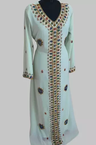 Sea Green Golden multicolor stone and  Beads Moroccan Kaftan With hijab 