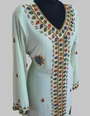 Sea Green Golden multicolor stone and  Beads Moroccan Kaftan With hijab  4