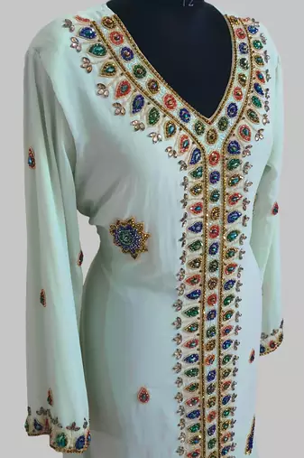 Sea Green Golden multicolor stone and  Beads Moroccan Kaftan With hijab 