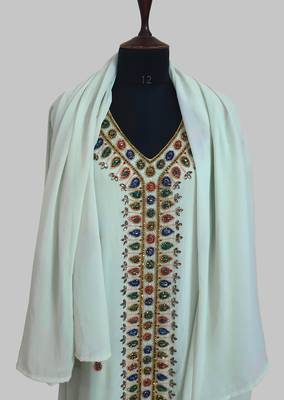 Sea Green Golden multicolor stone and  Beads Moroccan Kaftan With hijab  5