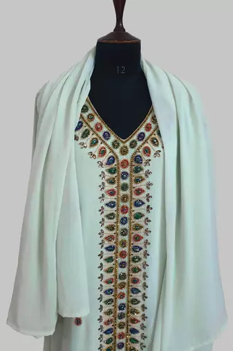 Sea Green Golden multicolor stone and  Beads Moroccan Kaftan With hijab 