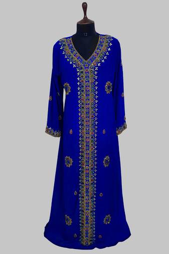 Royal Blue Golden multicolor stone and  Beads Moroccan Kaftan With hijab 