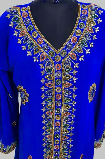 Royal Blue Golden multicolor stone and  Beads Moroccan Kaftan With hijab 