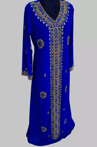 Royal Blue Golden multicolor stone and  Beads Moroccan Kaftan With hijab 