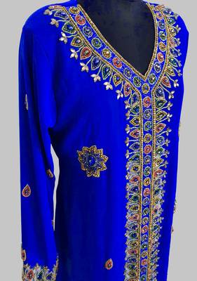Royal Blue Golden multicolor stone and  Beads Moroccan Kaftan With hijab  4