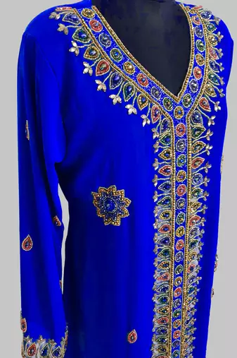 Royal Blue Golden multicolor stone and  Beads Moroccan Kaftan With hijab 