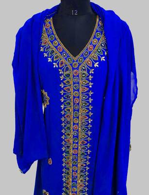 Royal Blue Golden multicolor stone and  Beads Moroccan Kaftan With hijab  5