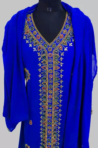 Royal Blue Golden multicolor stone and  Beads Moroccan Kaftan With hijab 