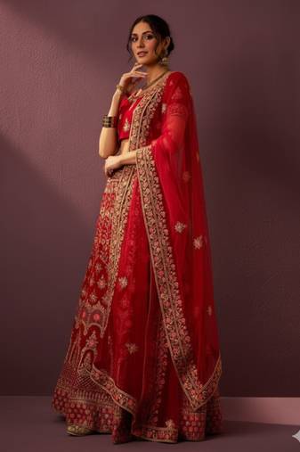 Royal Red Velvet Heavy Zari Embroidered Bridal Lehenga Choli