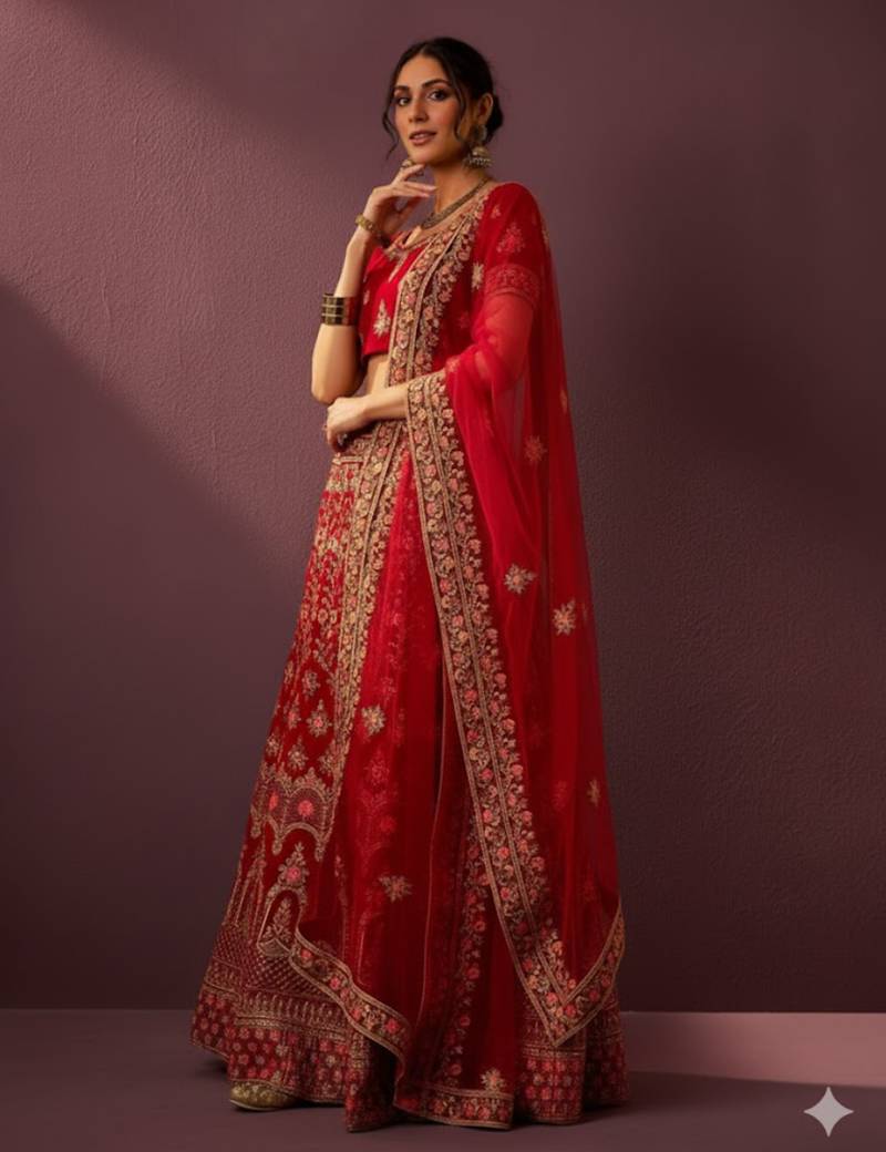 Royal Red Velvet Heavy Zari Embroidered Bridal Lehenga Choli