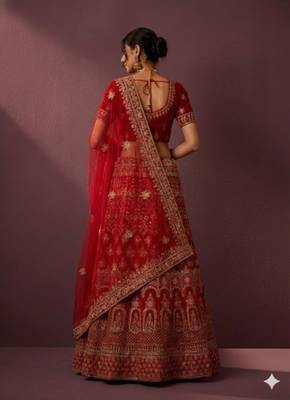 Royal Red Velvet Heavy Zari Embroidered Bridal Lehenga Choli 10