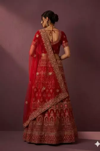 Royal Red Velvet Heavy Zari Embroidered Bridal Lehenga Choli