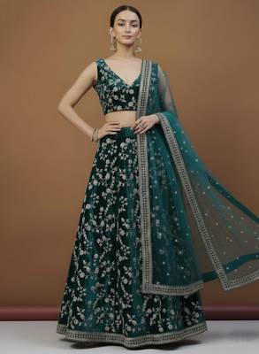 Women's Turquoise embroidered velvet Party Wear semi stitched lehenga Choli 1