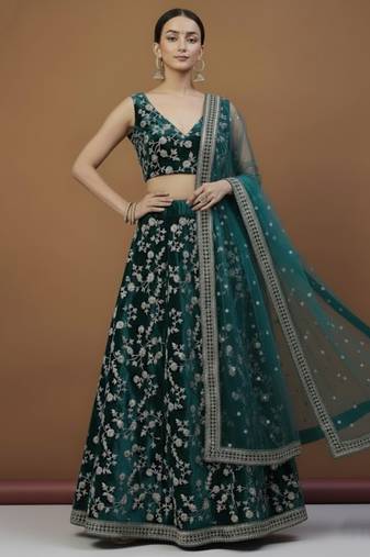 Women's Turquoise embroidered velvet Party Wear semi stitched lehenga Choli