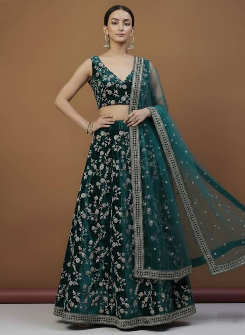 Women's Turquoise embroidered velvet Party Wear semi stitched lehenga Choli
