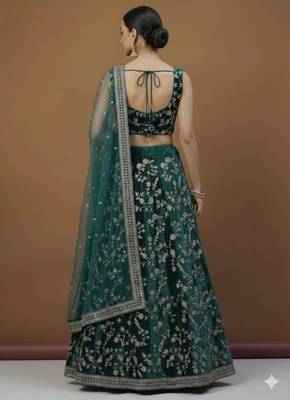 Women's Turquoise embroidered velvet Party Wear semi stitched lehenga Choli 7
