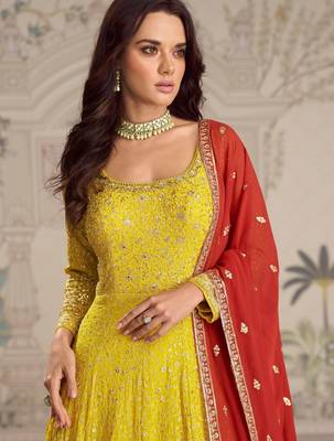 Yellow georgette free size stitced anarkali suit with embroidered sequin  2