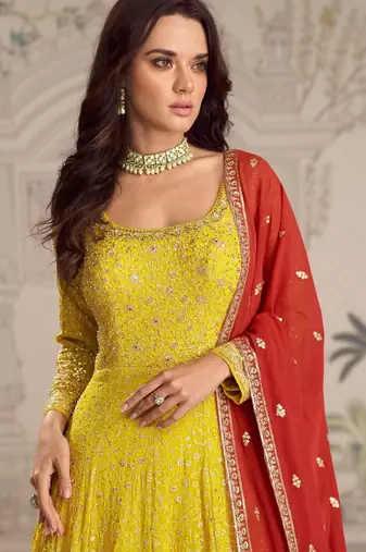 Yellow georgette free size stitced anarkali suit with embroidered sequence work
