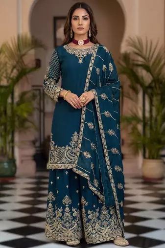 Navy blue embroidered sharara suit set