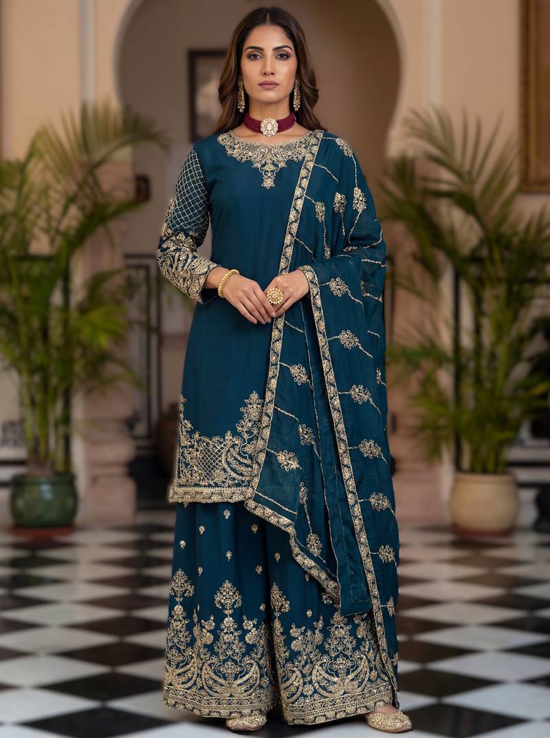 Navy blue embroidered sharara suit set