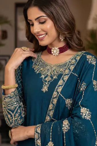 Navy blue embroidered sharara suit set