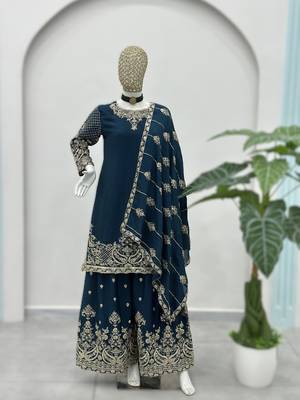 Navy blue embroidered sharara suit set 4