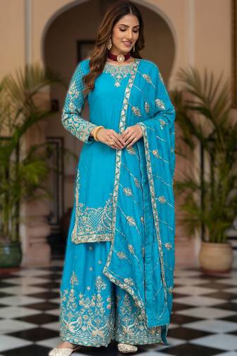 Sky bule embroidered sharara suit set