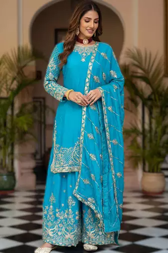 Sky bule embroidered sharara suit set