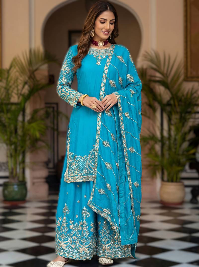 Sky bule embroidered sharara suit set