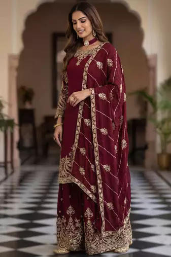 Maroon embroidered sharara suit set