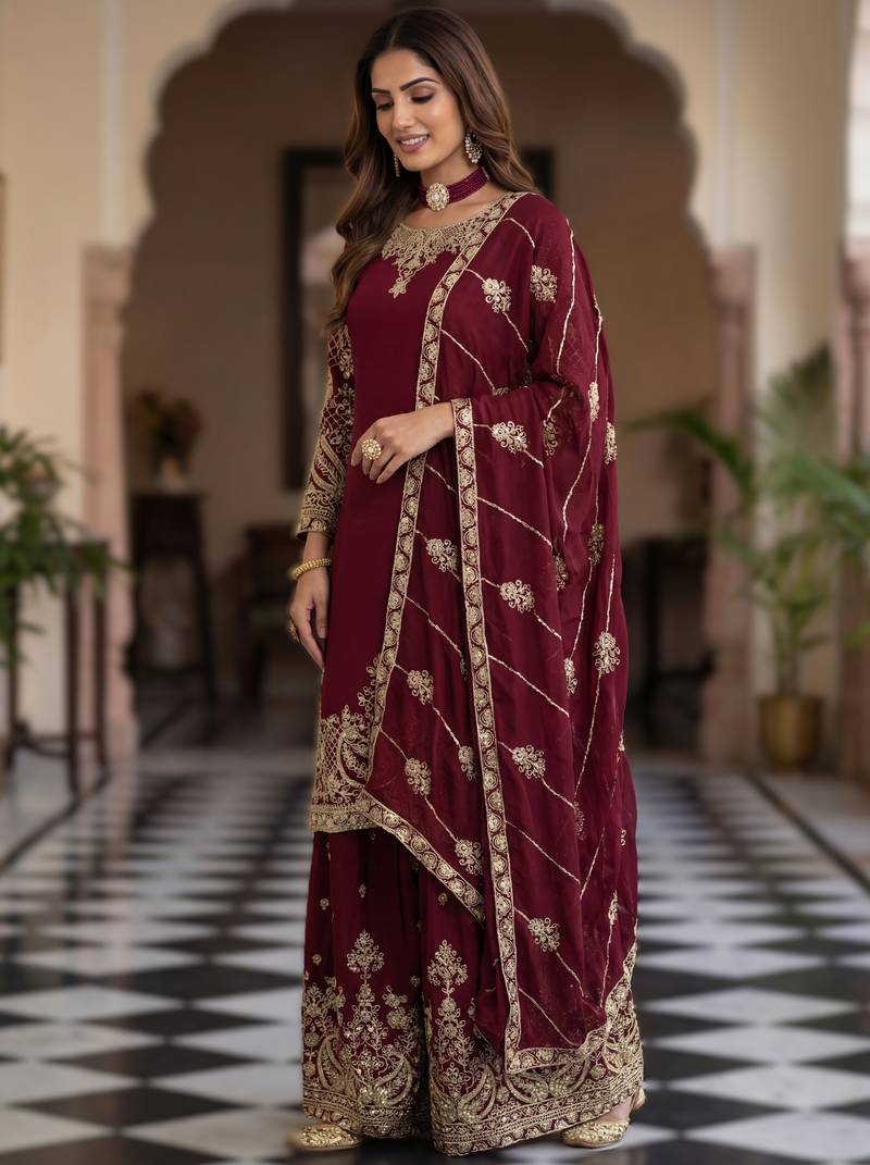 Maroon embroidered sharara suit set
