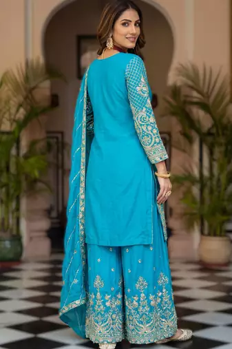 Sky bule embroidered sharara suit set