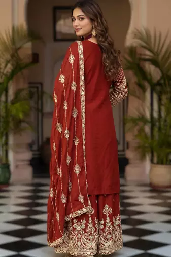 Orange embroidered sharara suit set