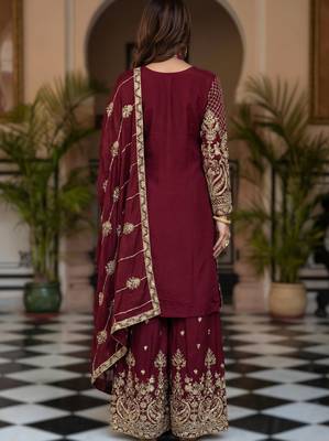 maroon embroidered sharara suit set 2