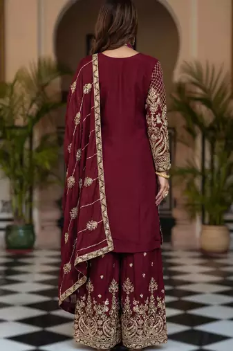 maroon embroidered sharara suit set