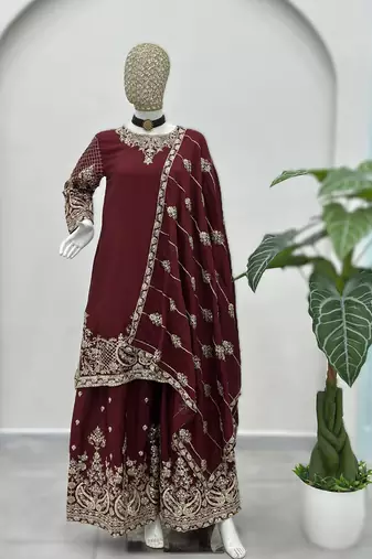 maroon embroidered sharara suit set