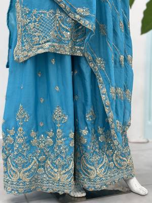 Sky bule embroidered sharara suit set 3