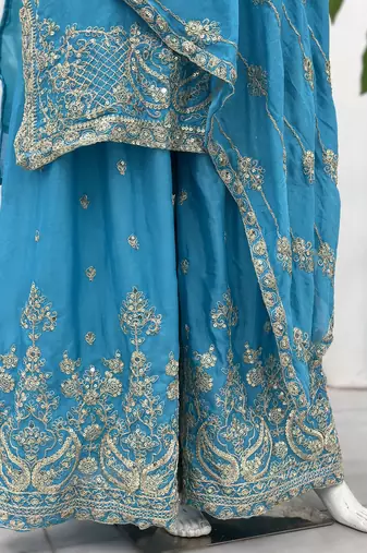 Sky bule embroidered sharara suit set
