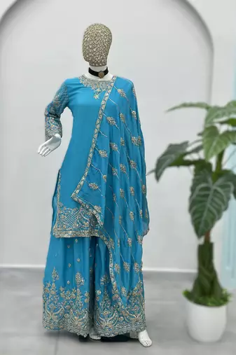 Sky bule embroidered sharara suit set
