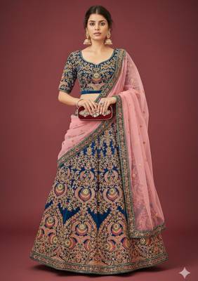 BLUE THREAD ZARI DORI AND SEQUINS EMBROIDEREY WORK VELVET SEMI STITCHED LEHENGA CHOLI 1